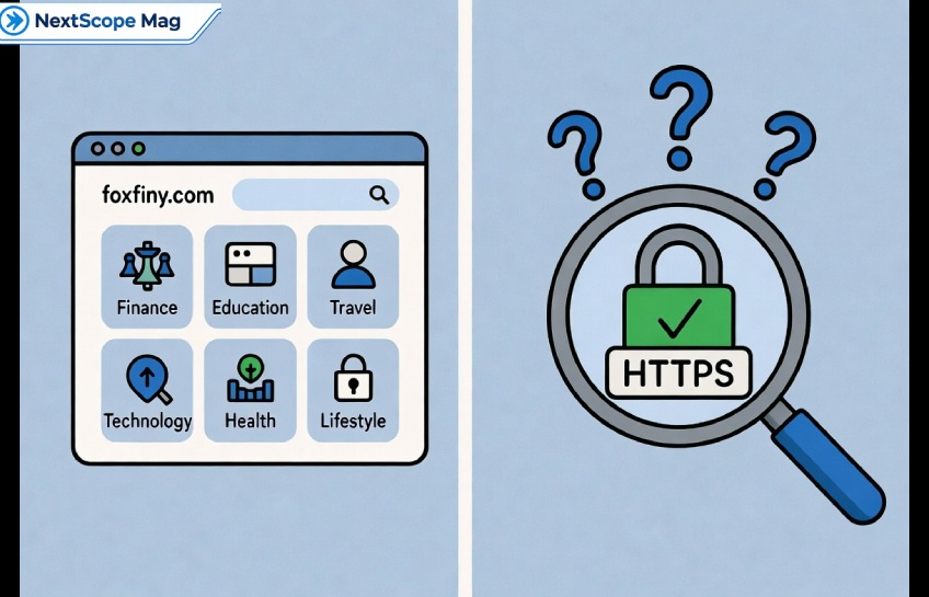 Illustration comparing Foxfiny com website features and trust signals, showing content categories and security elements