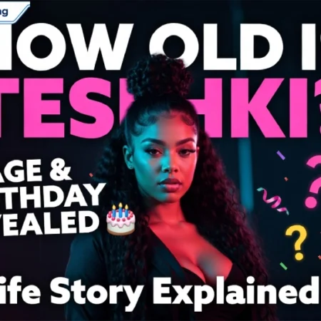 Colorful thumbnail with the text “How Old Is Tesehki? Age & Birthday Revealed – Life Story Explained” and a portrait of Tesehki in the center with question mark graphics around her.