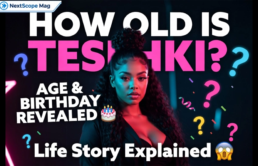 Colorful thumbnail with the text “How Old Is Tesehki? Age & Birthday Revealed – Life Story Explained” and a portrait of Tesehki in the center with question mark graphics around her.