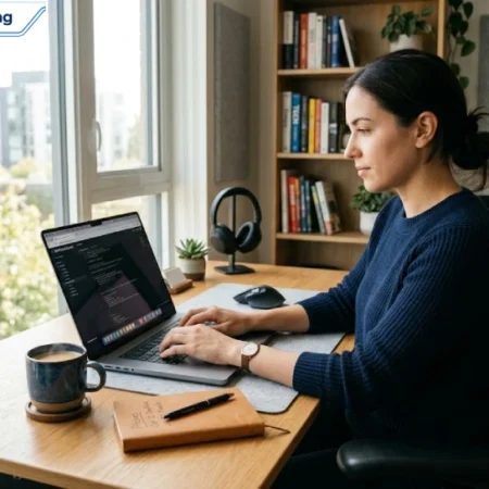 A person typing on a laptop looking to get in touch on webtosociety.com to pitch an article idea.