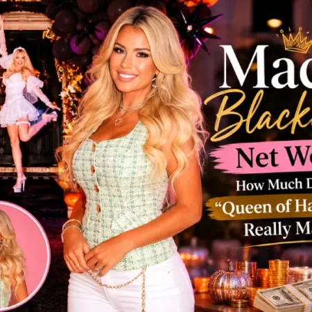 Macy Blackwell smiling in front of a Halloween-decorated house with text about Macy Blackwell Net Worth and her Queen of Halloween branding