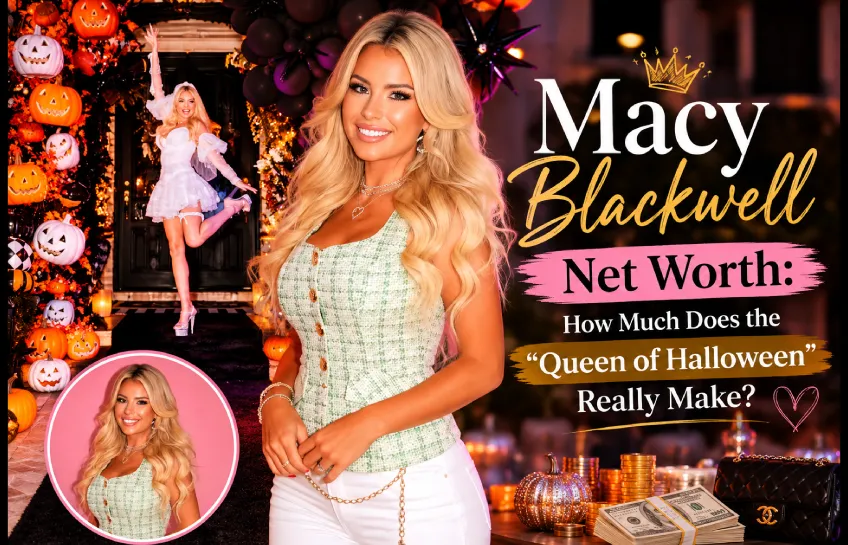 Macy Blackwell smiling in front of a Halloween-decorated house with text about Macy Blackwell Net Worth and her Queen of Halloween branding