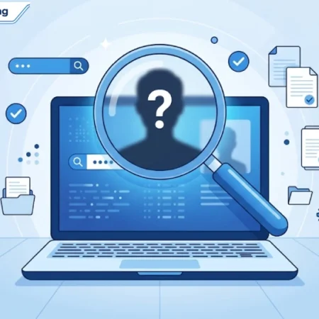 Magnifying glass and question mark icon over laptop screen representing research into PedroVazPaulo business consultant search results