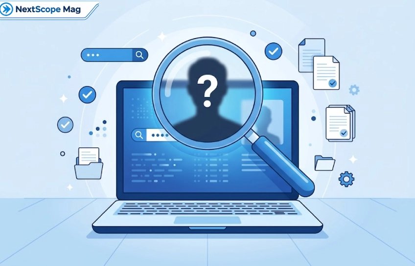 Magnifying glass and question mark icon over laptop screen representing research into PedroVazPaulo business consultant search results