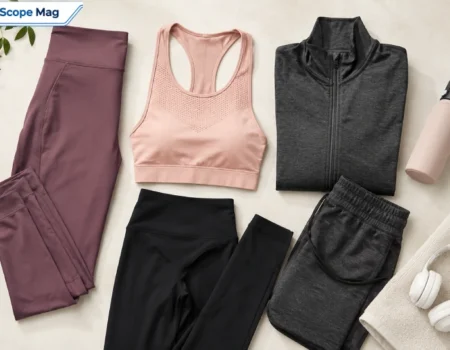 Flat-lay of women's activewear leggings, sports bra, and gym set representing the Renvot brand