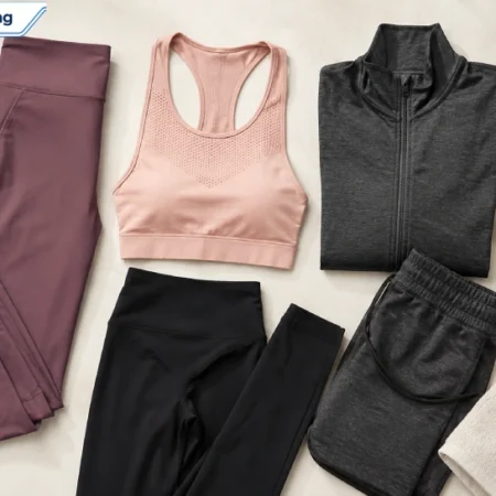 Flat-lay of women's activewear leggings, sports bra, and gym set representing the Renvot brand