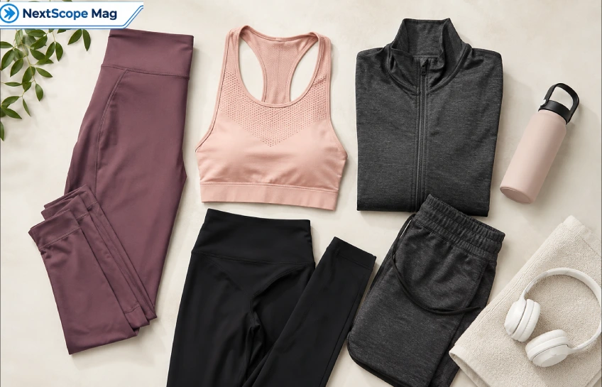 Flat-lay of women's activewear leggings, sports bra, and gym set representing the Renvot brand