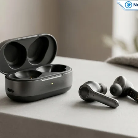 Wireless earbuds and charging case on a minimal studio background