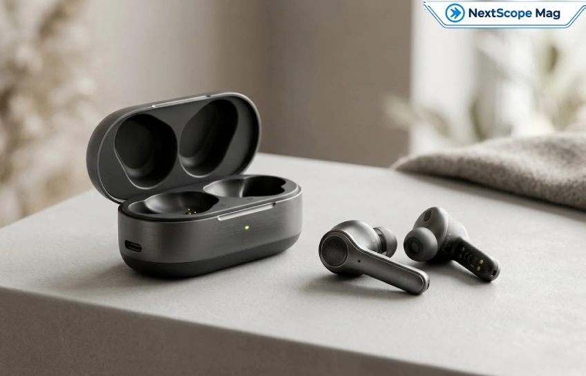 Wireless earbuds and charging case on a minimal studio background