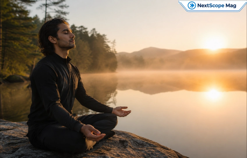 Person practicing antarvafna through quiet self-reflection and mindfulness in a peaceful natural setting