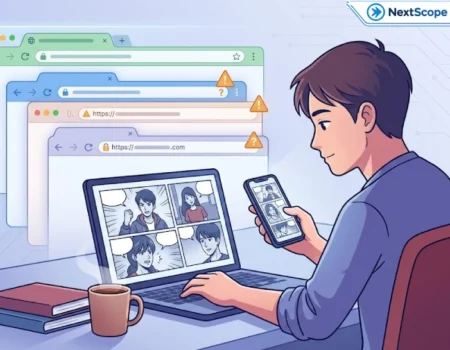 Reader comparing Asura Scans websites and safer manga platforms on laptop and phone