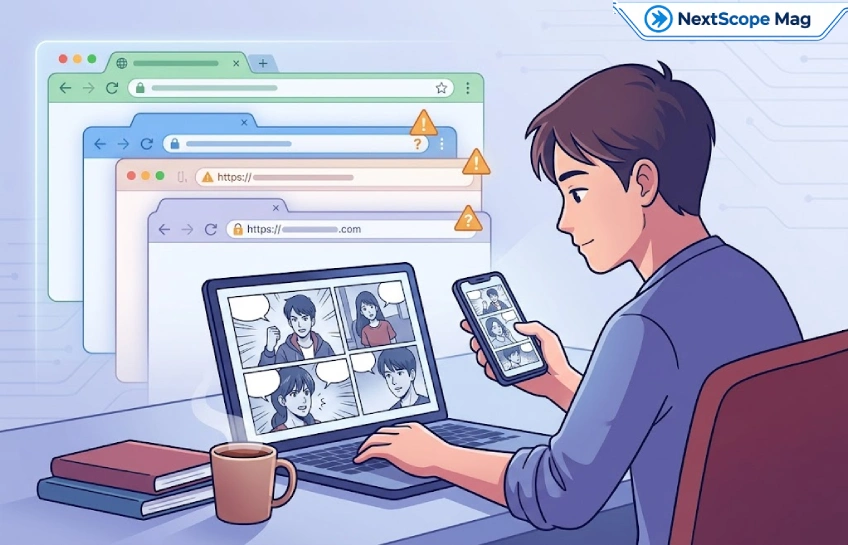 Reader comparing Asura Scans websites and safer manga platforms on laptop and phone