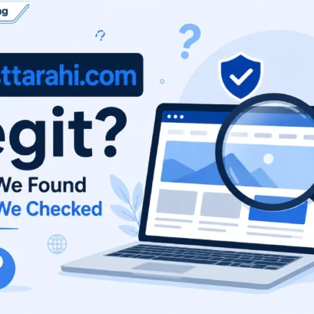 Magnifying glass over a laptop screen representing a website legitimacy check for besttarahi.com