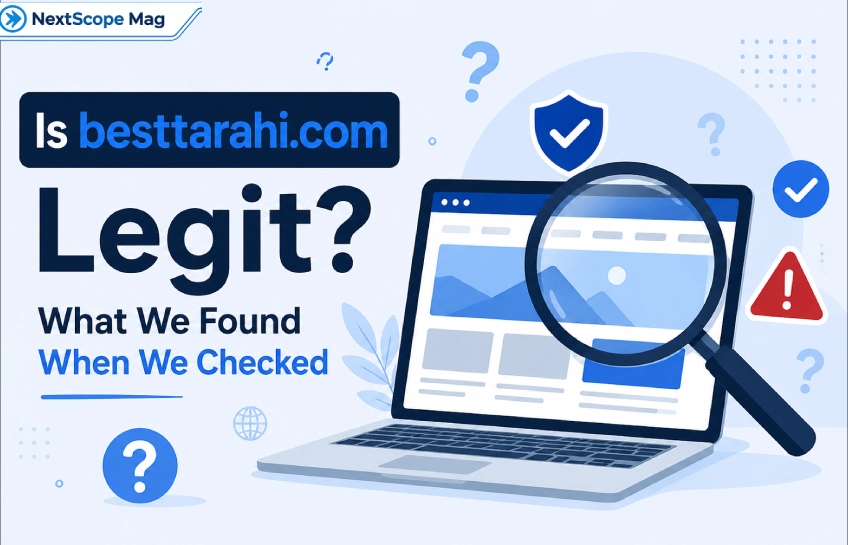 Magnifying glass over a laptop screen representing a website legitimacy check for besttarahi.com