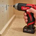 Craftsman V20 3/8-inch right angle cordless drill CMCD750B drilling into wood in a tight space