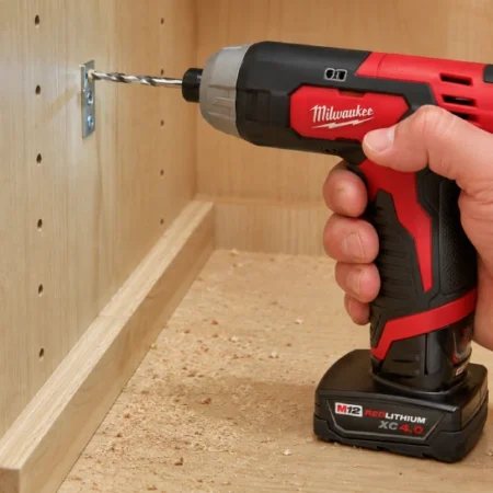 Craftsman V20 3/8-inch right angle cordless drill CMCD750B drilling into wood in a tight space
