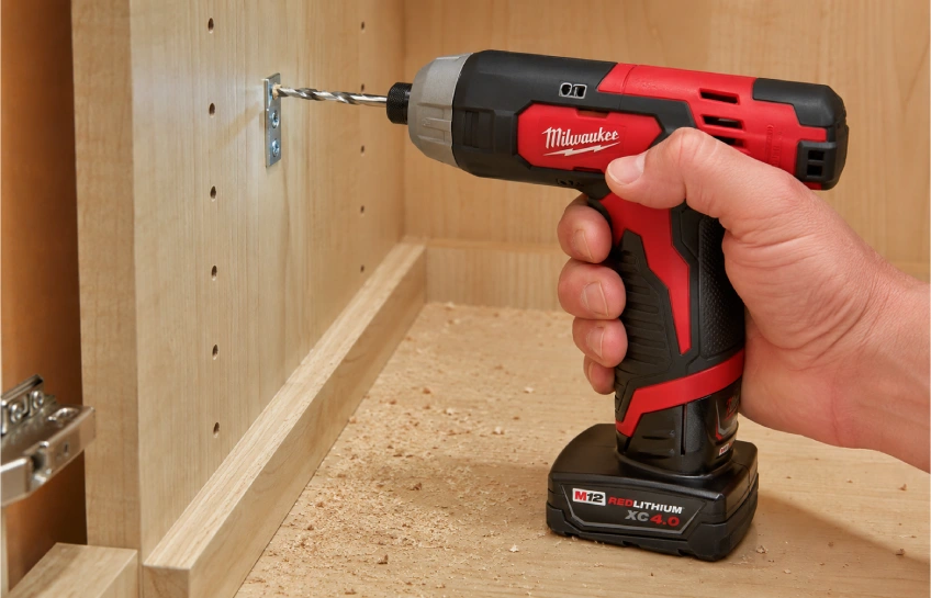 Craftsman V20 3/8-inch right angle cordless drill CMCD750B drilling into wood in a tight space