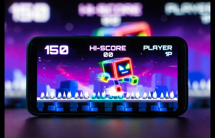 Geometry Dash 2.2 APK gameplay screen showing the new Platformer Mode on a smartphone