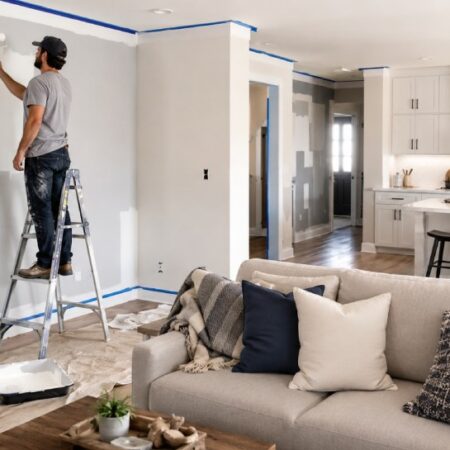 Budget-friendly home improvement project showing a freshly painted room and updated cabinet hardware