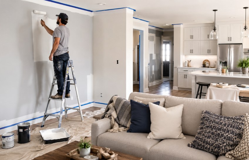 Budget-friendly home improvement project showing a freshly painted room and updated cabinet hardware