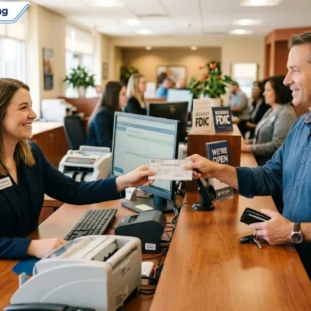 Person handing a money order to a bank teller to cash it