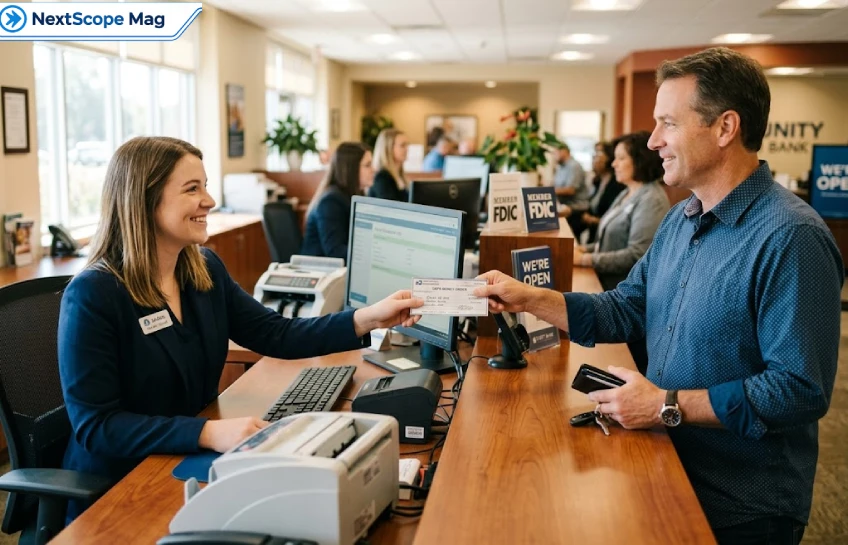 Person handing a money order to a bank teller to cash it