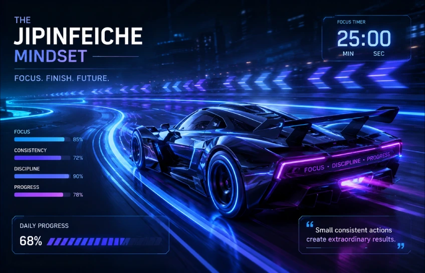 Futuristic racing car on digital track representing the jipinfeiche productivity mindset of speed with control.
