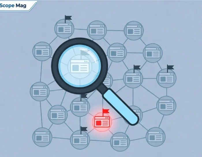 Illustration of a magnifying glass inspecting web pages, representing fact-checking the fake liatxrawler product claims