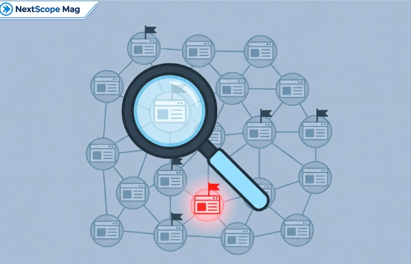Illustration of a magnifying glass inspecting web pages, representing fact-checking the fake liatxrawler product claims