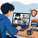Illustration showing a person reading manga safely on a licensed platform instead of an unsafe site like Mangago