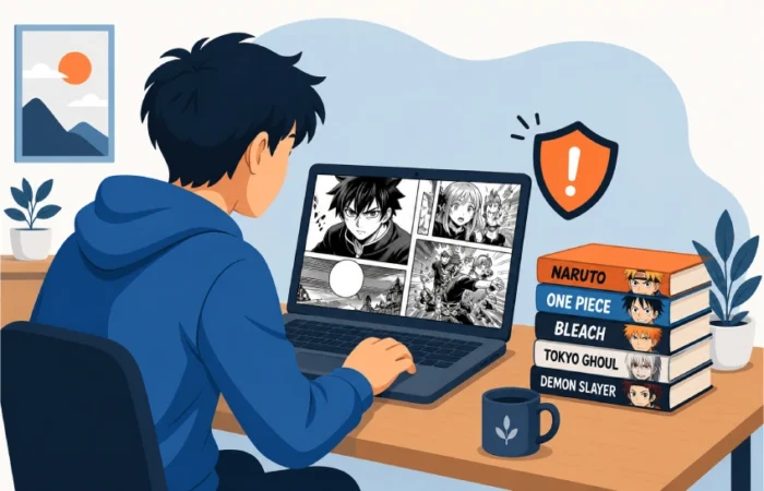 Illustration showing a person reading manga safely on a licensed platform instead of an unsafe site like Mangago