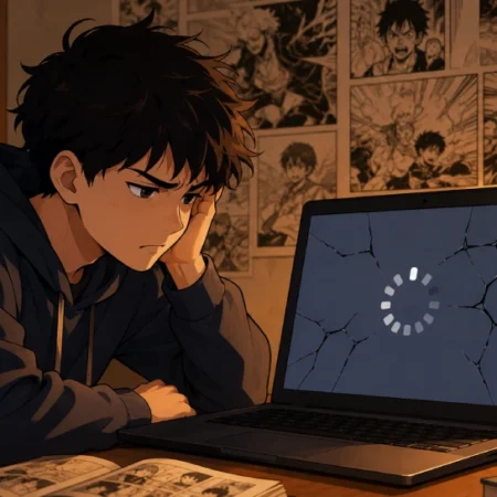 Person troubleshooting Mangago not working error on a laptop screen