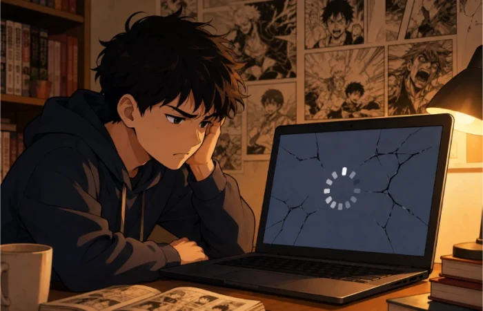 Person troubleshooting Mangago not working error on a laptop screen