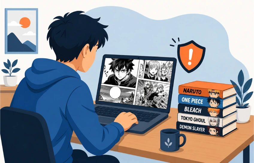 Illustration showing a person reading manga safely on a licensed platform instead of an unsafe site like Mangago