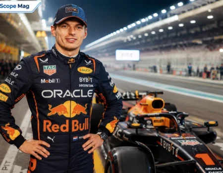 Max Verstappen in Oracle Red Bull Racing suit standing beside his F1 car in the pit lane
