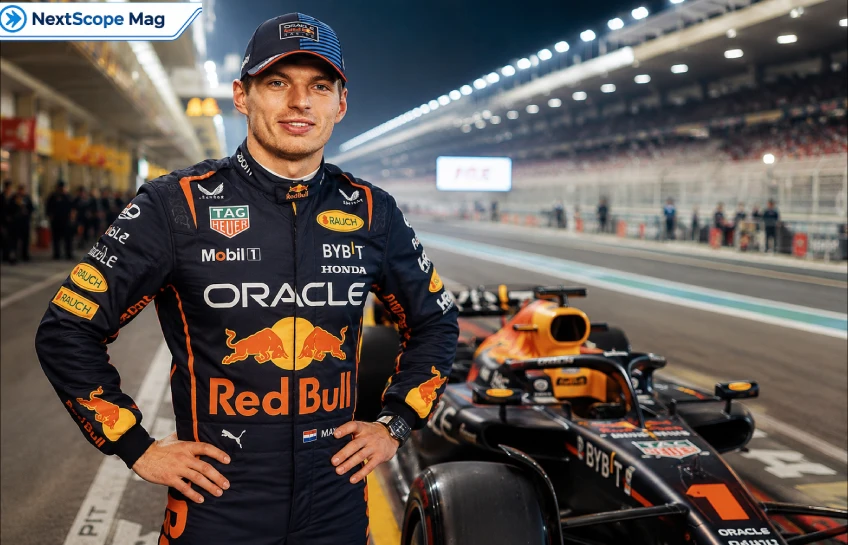 Max Verstappen in Oracle Red Bull Racing suit standing beside his F1 car in the pit lane