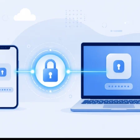 Illustration showing Google Password Manager syncing passwords securely across phone and laptop