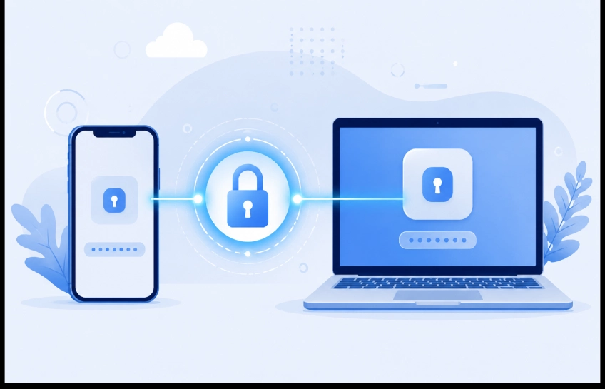 Illustration showing Google Password Manager syncing passwords securely across phone and laptop
