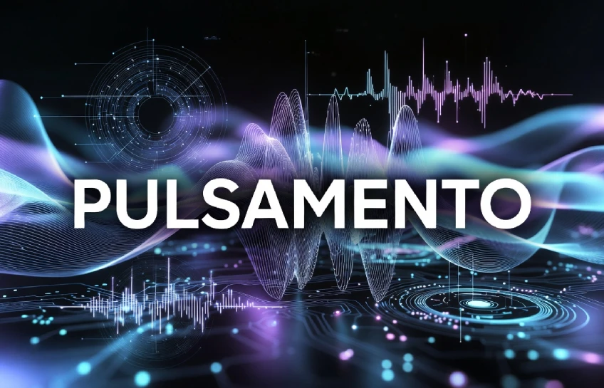 Pulsamento concept showing rhythmic pulse waves, heartbeat signals, vibrations, and digital technology patterns.