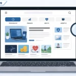 Illustration of a laptop showing a blog homepage with technology, finance, and lifestyle article categories