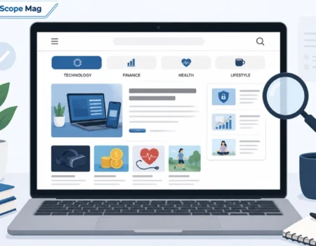 Illustration of a laptop showing a blog homepage with technology, finance, and lifestyle article categories
