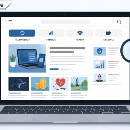 Illustration of a laptop showing a blog homepage with technology, finance, and lifestyle article categories