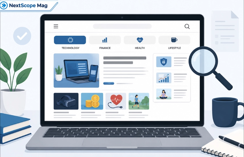 Illustration of a laptop showing a blog homepage with technology, finance, and lifestyle article categories