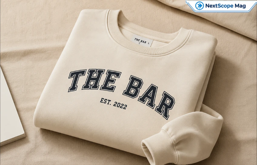 Oversized cream sweatshirt with bold varsity-style lettering, styled in a minimalist streetwear look