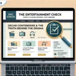Illustration of an entertainment blog layout with a magnifying glass symbolizing a credibility check