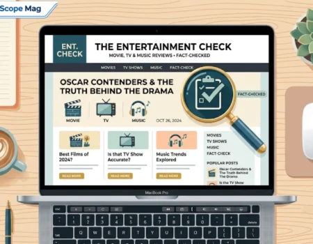 Illustration of an entertainment blog layout with a magnifying glass symbolizing a credibility check
