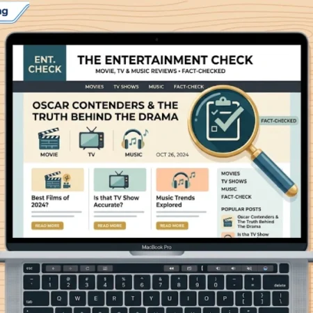 Illustration of an entertainment blog layout with a magnifying glass symbolizing a credibility check