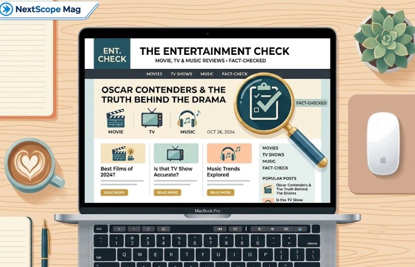 Illustration of an entertainment blog layout with a magnifying glass symbolizing a credibility check