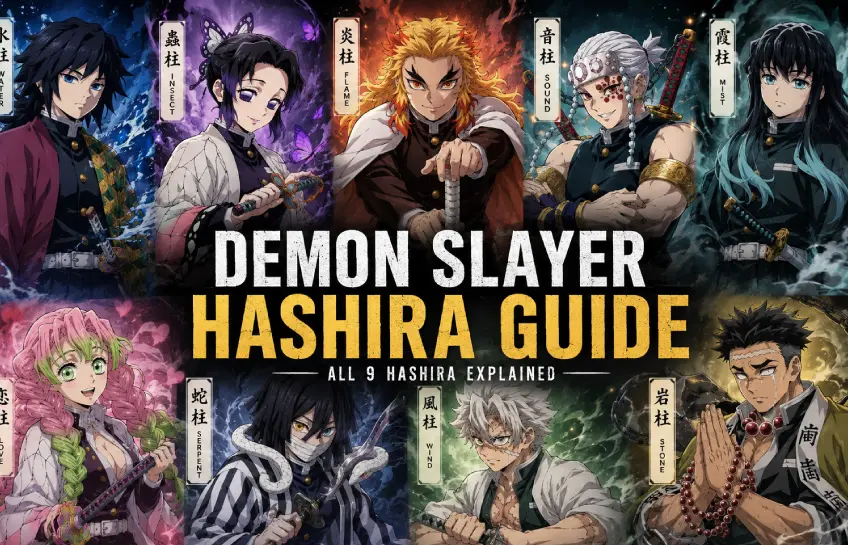 Demon Slayer Hashira Guide featuring all nine Hashira and their Breathing Styles