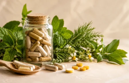 Herpesyl supplement bottle with natural herbal ingredients on a neutral background